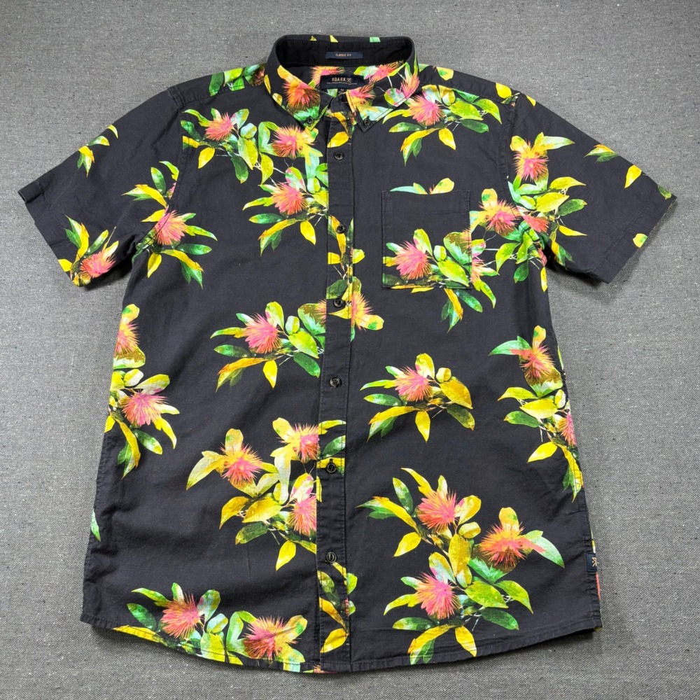 Roark Tropical Floral Shirt Mens M Black‎ Cotton Linen Button Up Hawaiian Camp